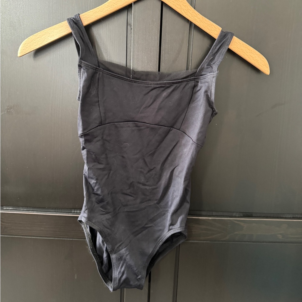 Ainsliewear black tank leotard with mesh trim, petite